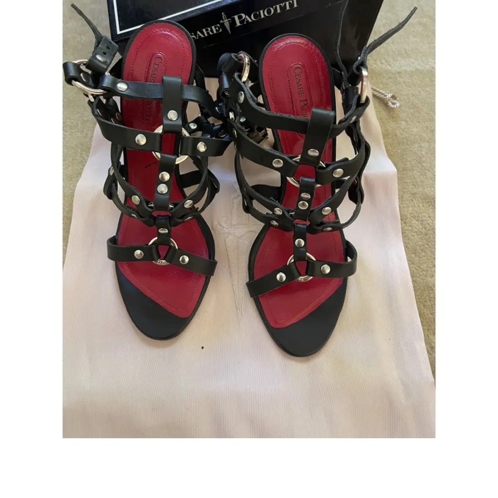 ISO iN SEARCH OF Cesare Paciotti Black Leather Gladiator & Red Strappy heels 8-9